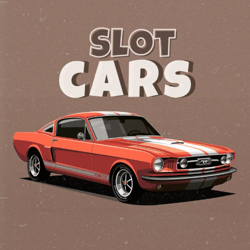 Red slot car with white stripes on a brown background with 'Slot Cars' text.